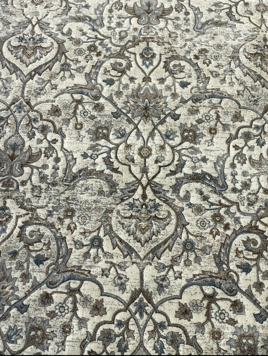 Luxury Vintage Style Distressed Rug – Ivory, Grey & Taupe Traditional Floral Design