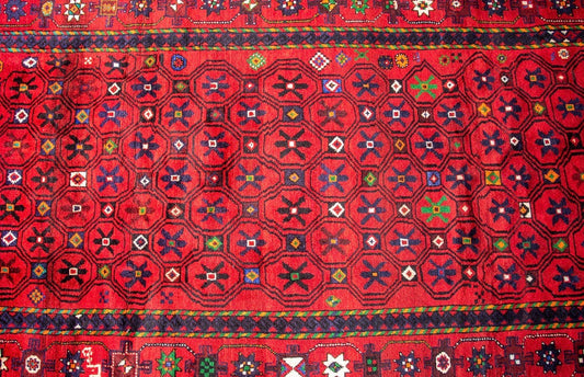 Hand-Knotted Tribal Wool Rug – Geometric Red Vintage Area Rug 300 x 160 cm