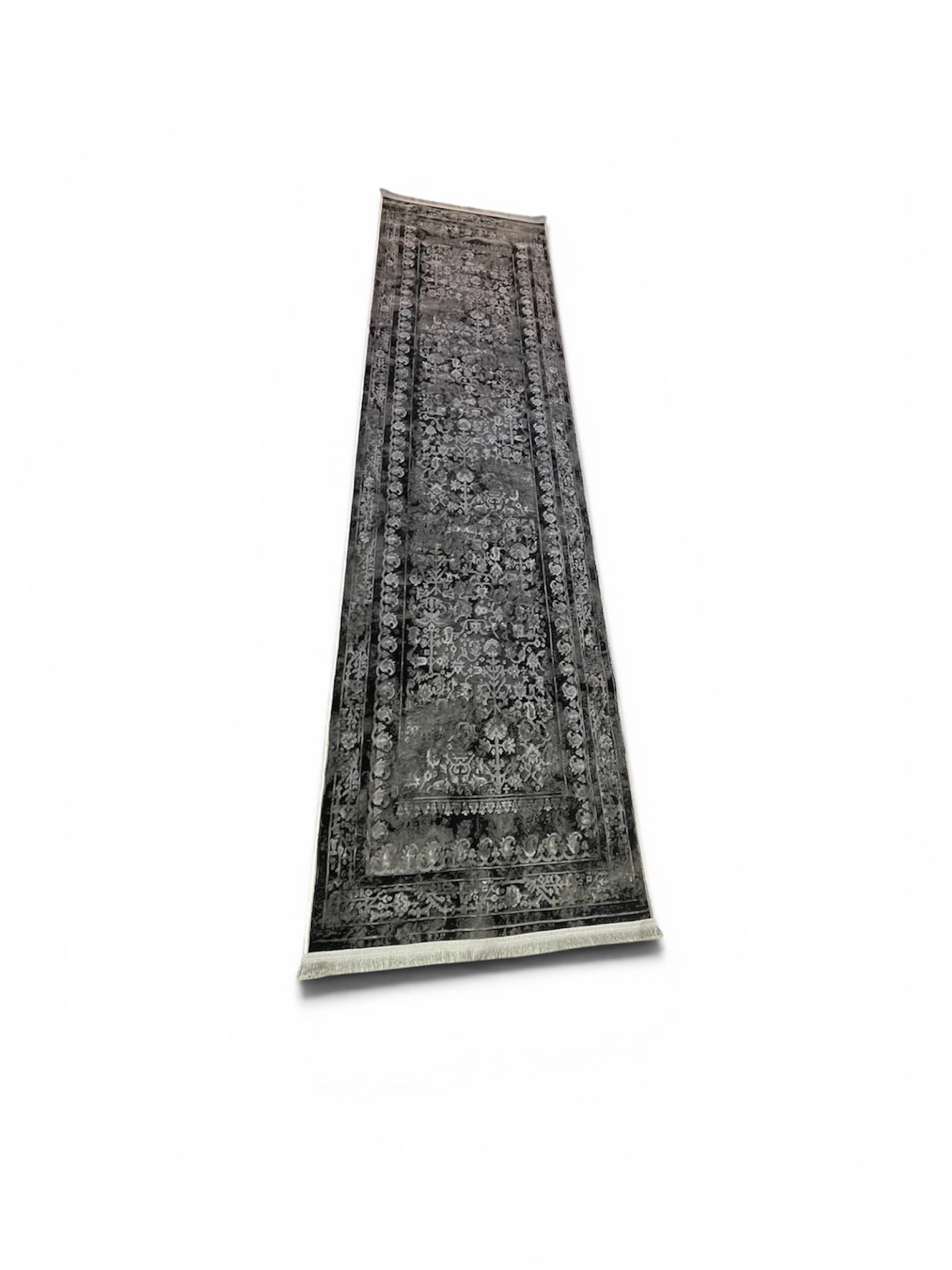 Luxury Vintage Charcoal Runner Rug – Distressed Floral Hallway Runner 80 x 300 cm