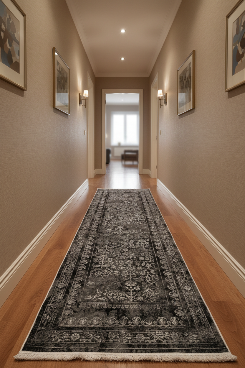 Luxury Vintage Charcoal Runner Rug – Distressed Floral Hallway Runner 80 x 300 cm