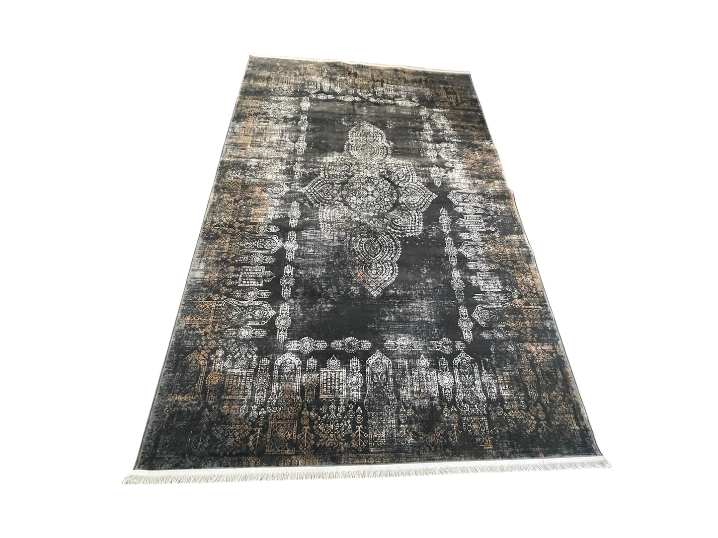 Luxury Vintage Charcoal Medallion Rug – Black & Gold Distressed Statement Design
