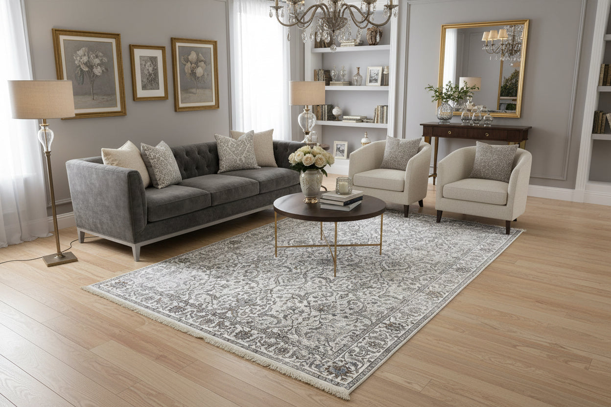 Luxury Vintage Style Distressed Rug – Ivory, Grey & Taupe Traditional Floral Design