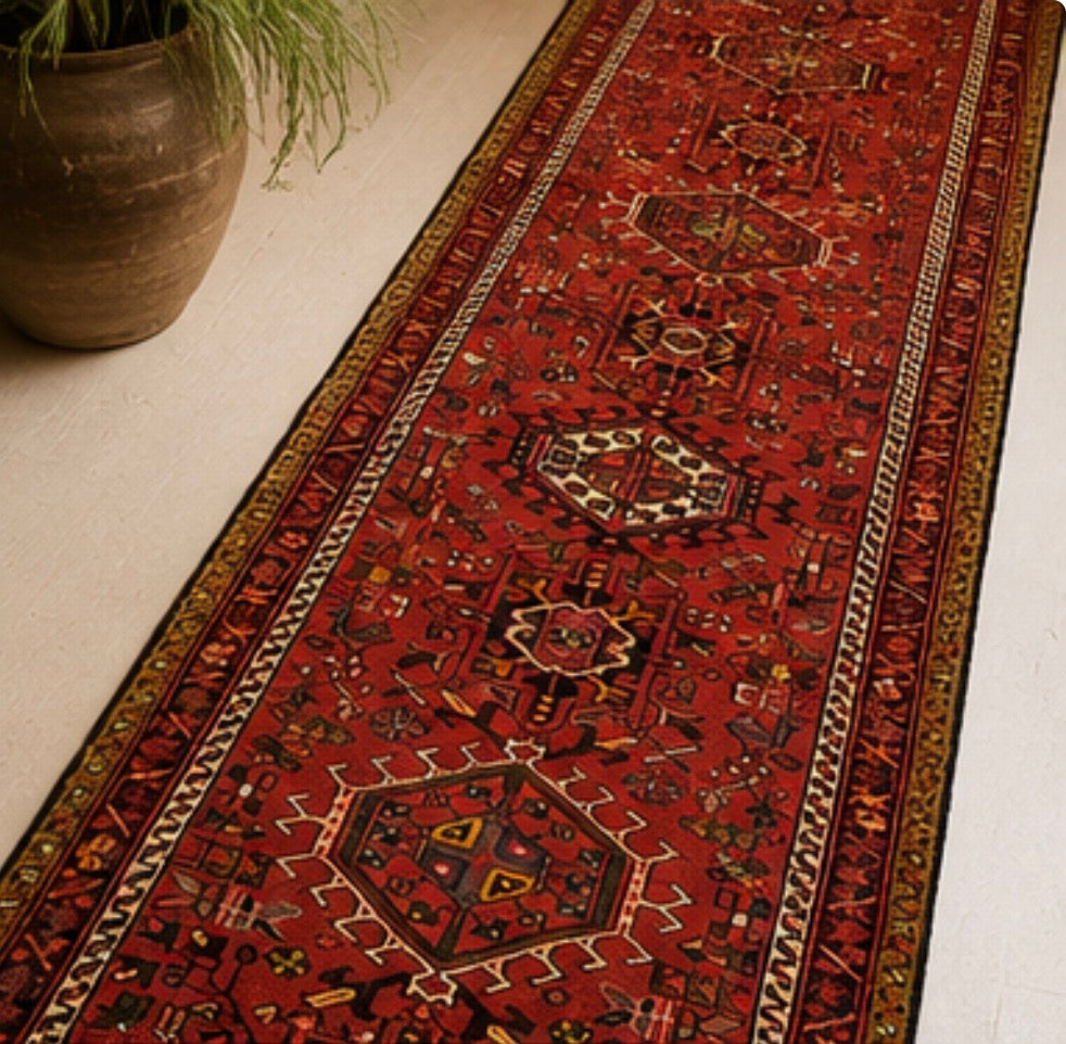 Vintage Persian Azarbayjan Runner Rug – Handmade Red Tribal Hallway Carpet 975x85 cm