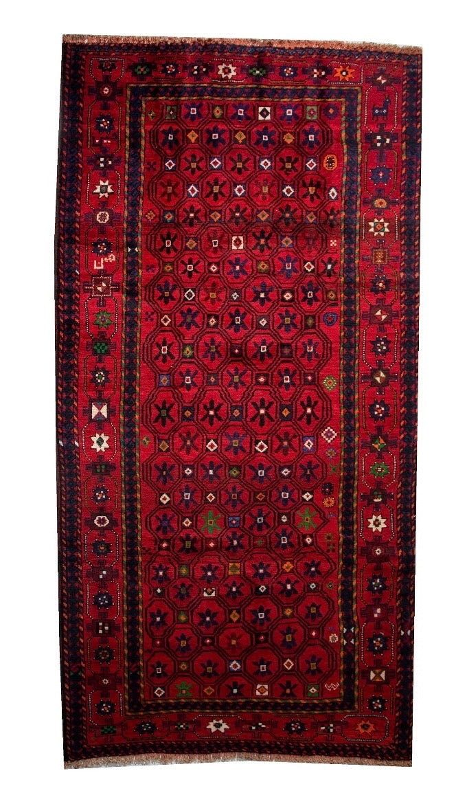 Hand-Knotted Tribal Wool Rug – Geometric Red Vintage Area Rug 300 x 160 cm