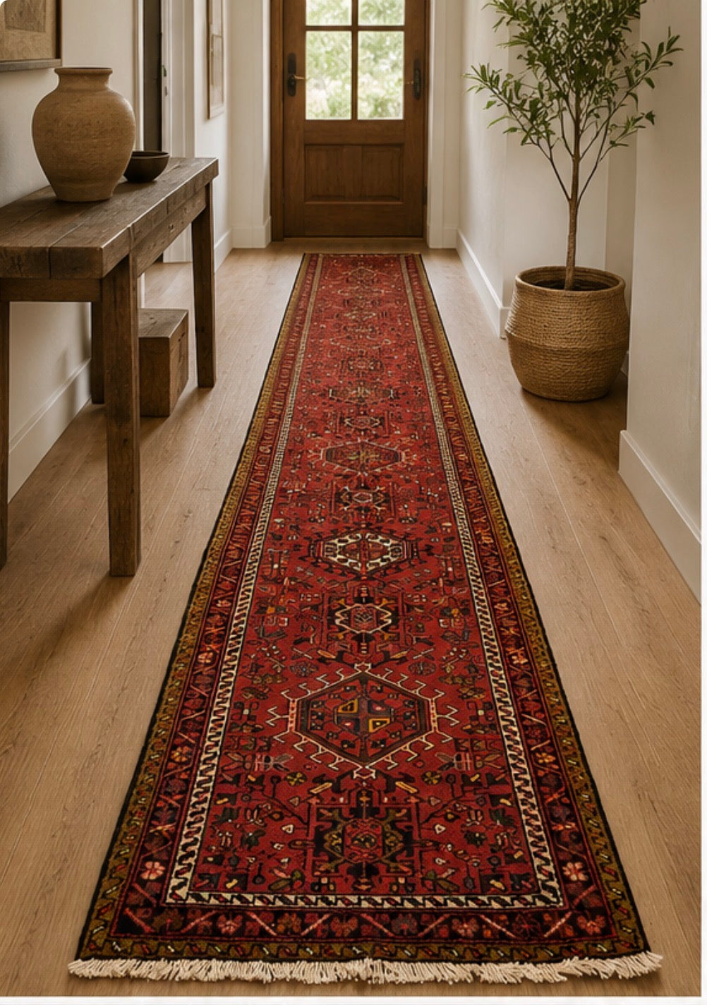 Vintage Persian Azarbayjan Runner Rug – Handmade Red Tribal Hallway Carpet 975x85 cm