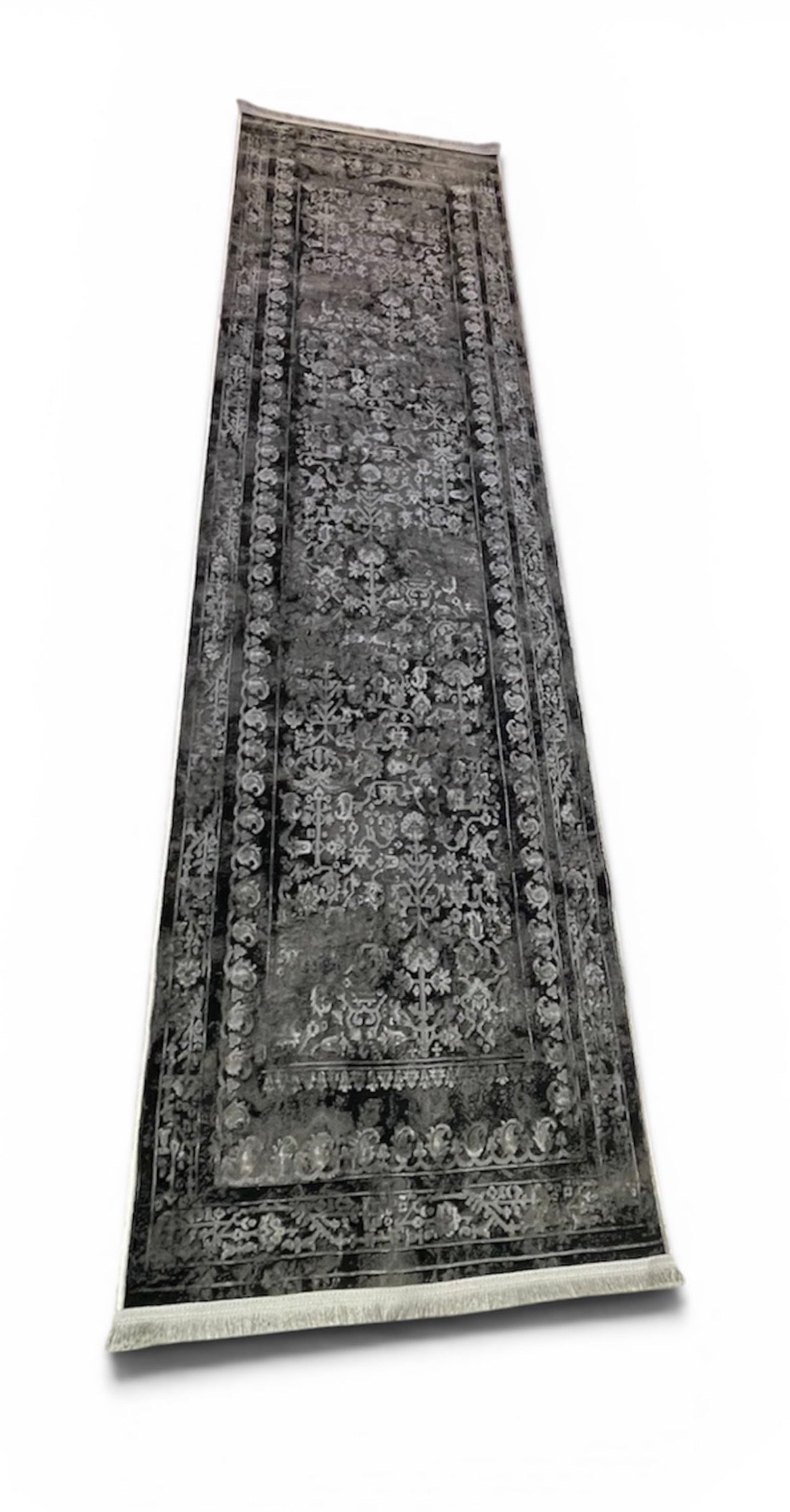 Luxury Vintage Charcoal Runner Rug – Distressed Floral Hallway Runner 80 x 300 cm