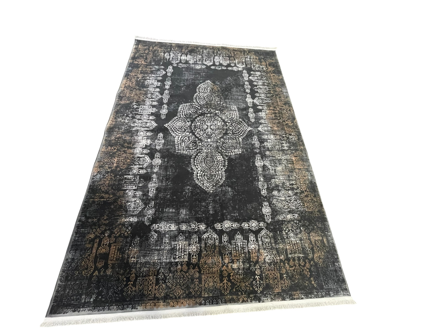 Luxury Vintage Charcoal Medallion Rug – Black & Gold Distressed Statement Design