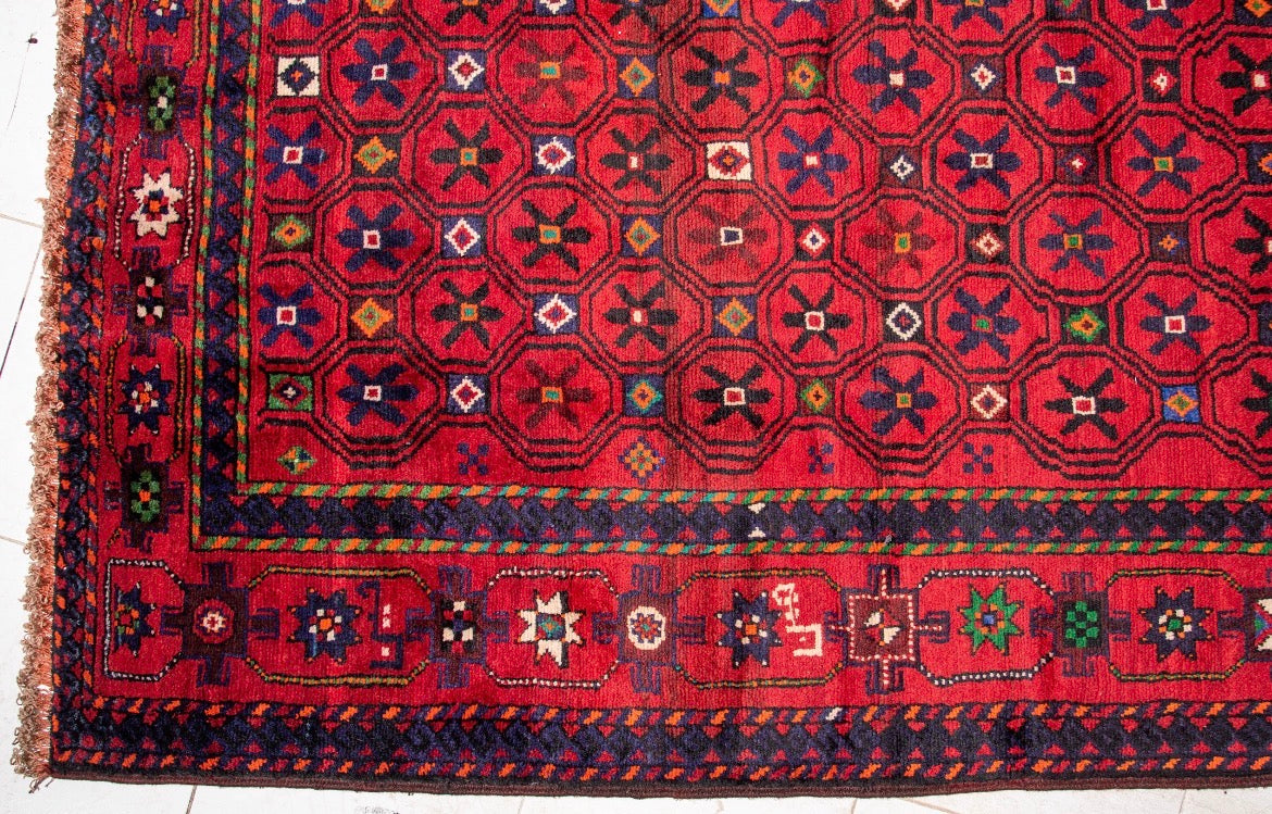 Hand-Knotted Tribal Wool Rug – Geometric Red Vintage Area Rug 300 x 160 cm