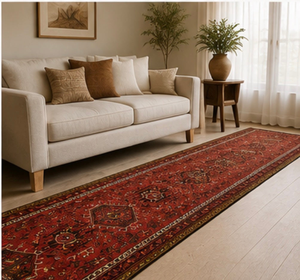 Vintage Persian Azarbayjan Runner Rug – Handmade Red Tribal Hallway Carpet 975x85 cm
