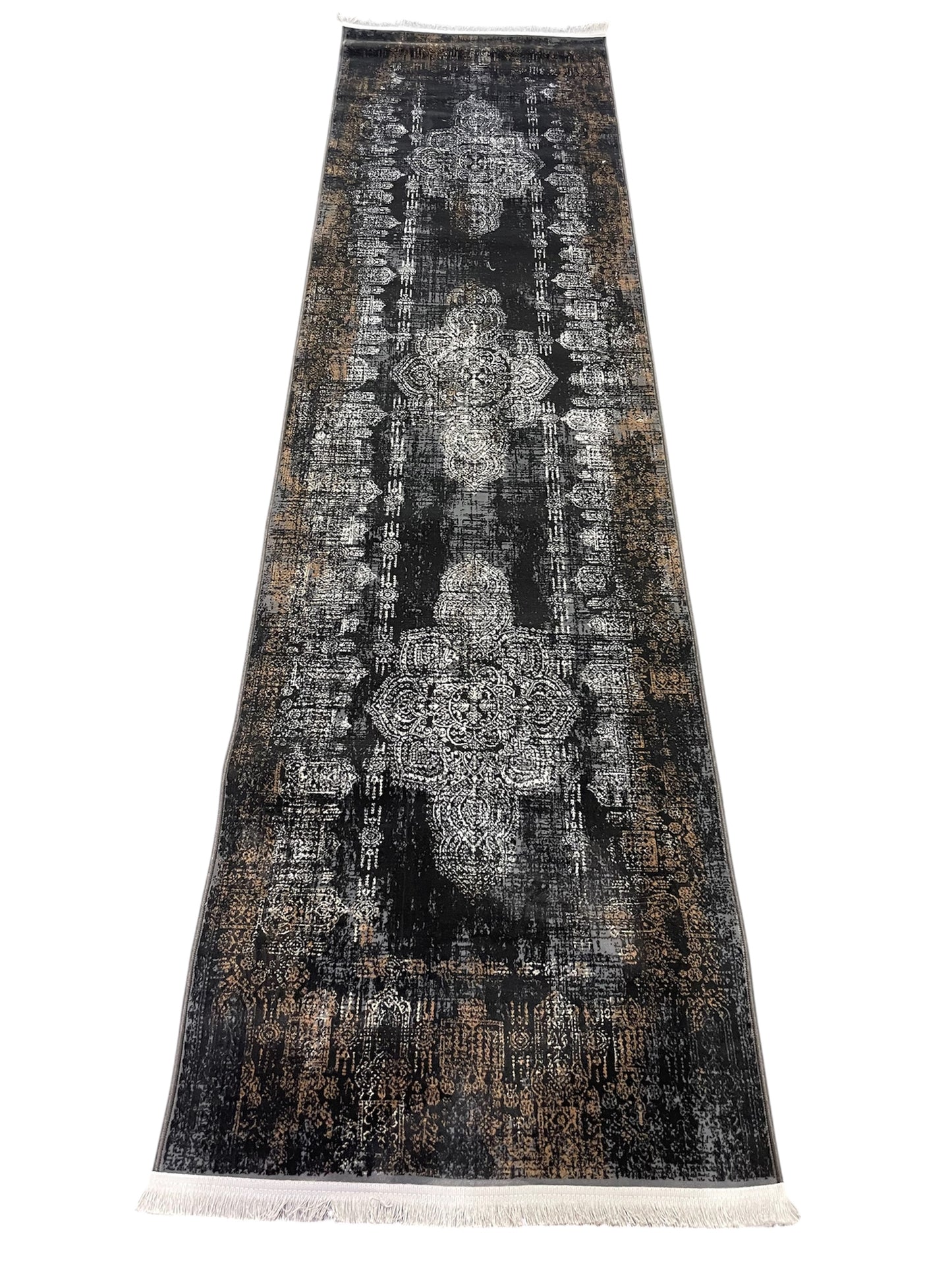 Luxury Vintage Charcoal Medallion Runner– Black & Gold Distressed Statement Design