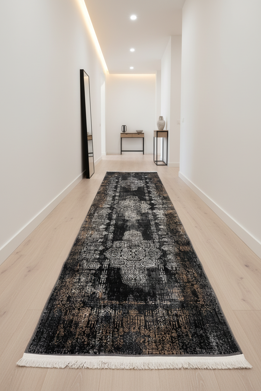 Luxury Vintage Charcoal Medallion Runner– Black & Gold Distressed Statement Design