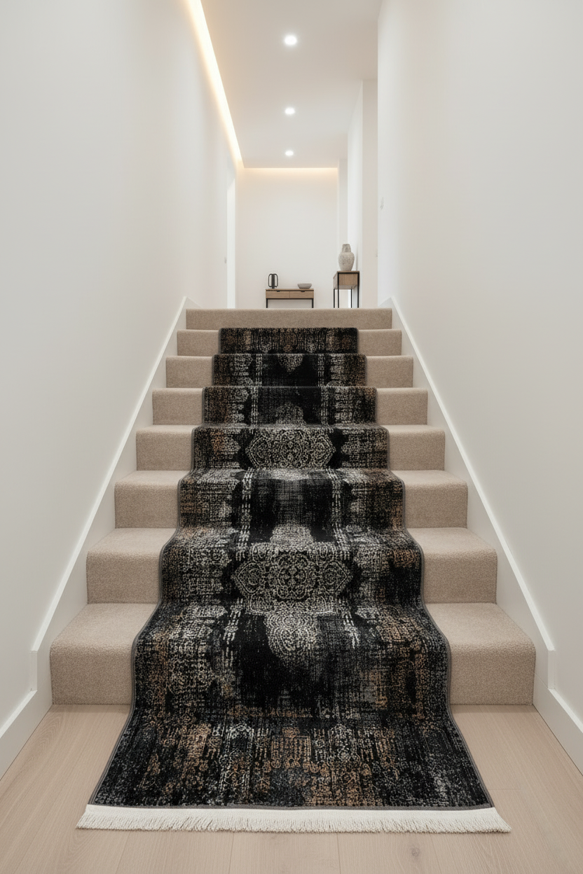 Luxury Vintage Charcoal Medallion Runner– Black & Gold Distressed Statement Design