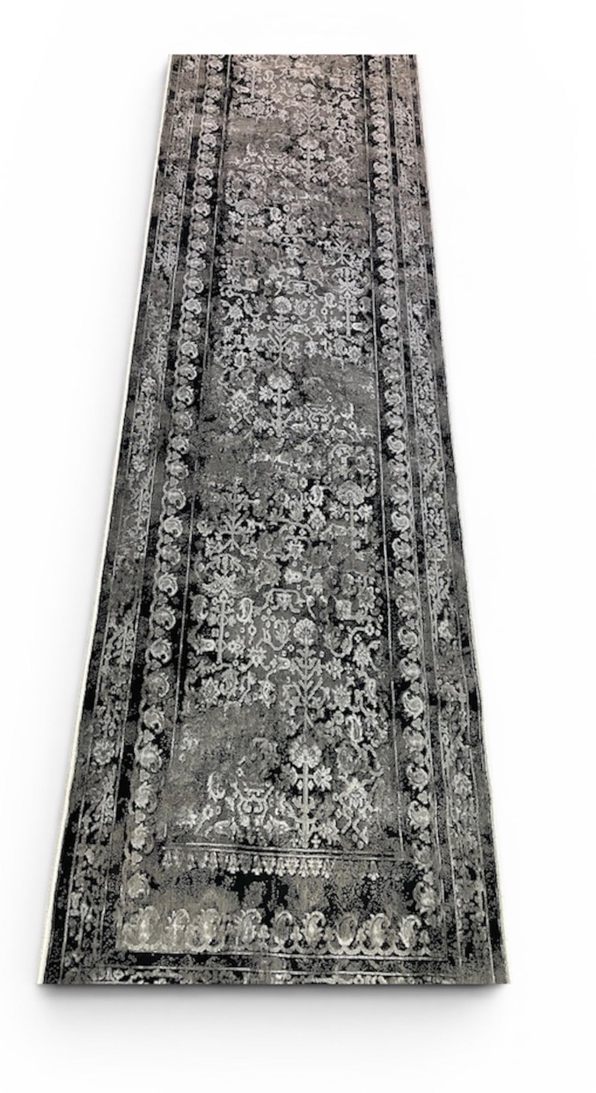 Luxury Vintage Charcoal Runner Rug – Distressed Floral Hallway Runner 80 x 300 cm