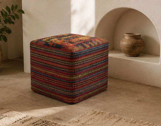 Handmade Kilim Ottoman Pouf – Vintage Tribal Floor Cushion – Persian Style Upholstered Footstool – Boho Ottoman Decor – Colorful Pouf