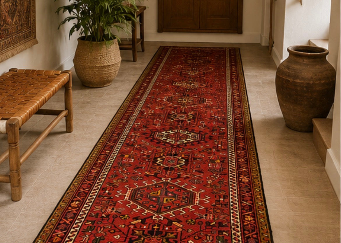 Vintage Persian Azarbayjan Runner Rug – Handmade Red Tribal Hallway Carpet 975x85 cm