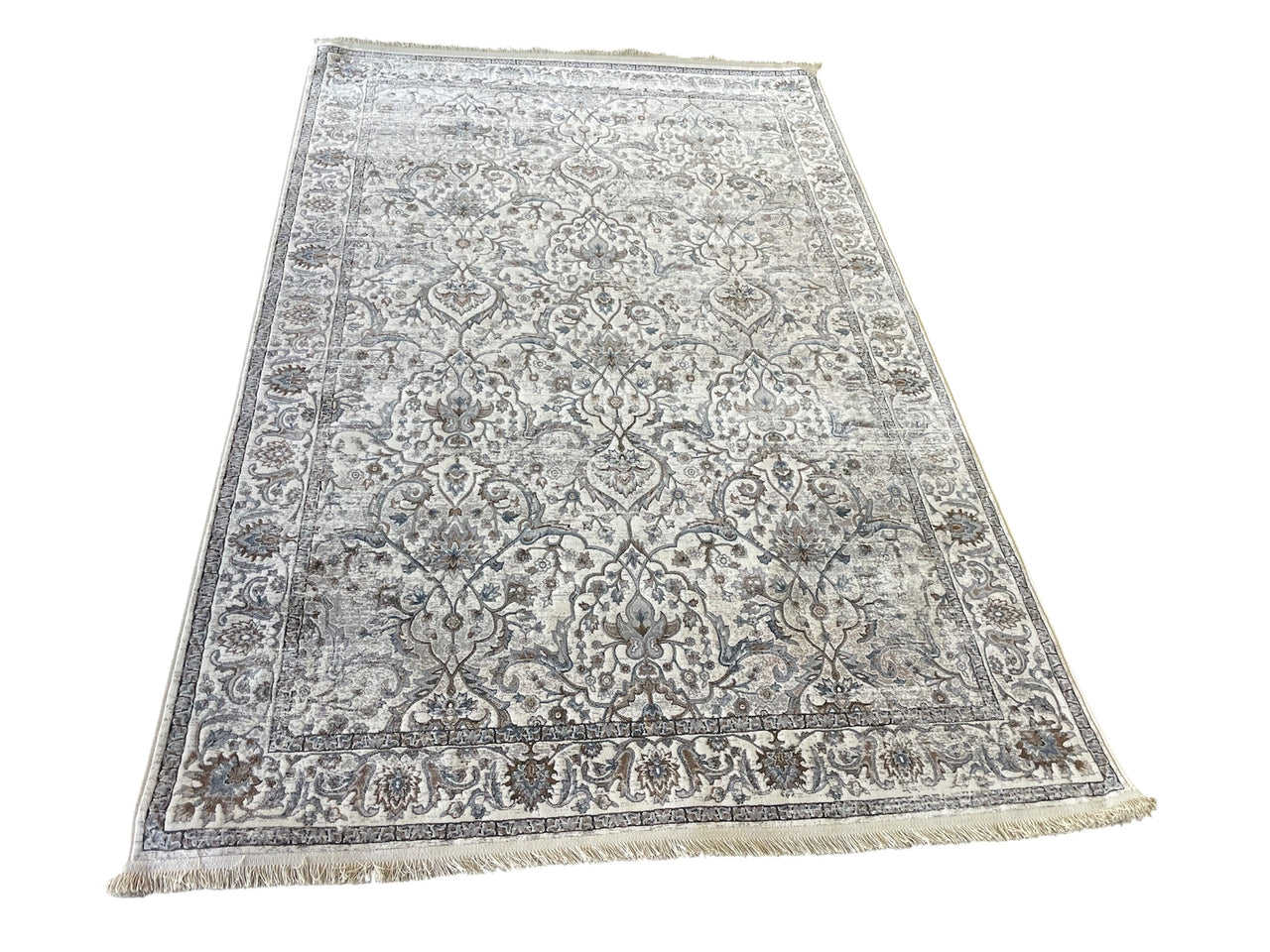 Luxury Vintage Style Distressed Rug – Ivory, Grey & Taupe Traditional Floral Design