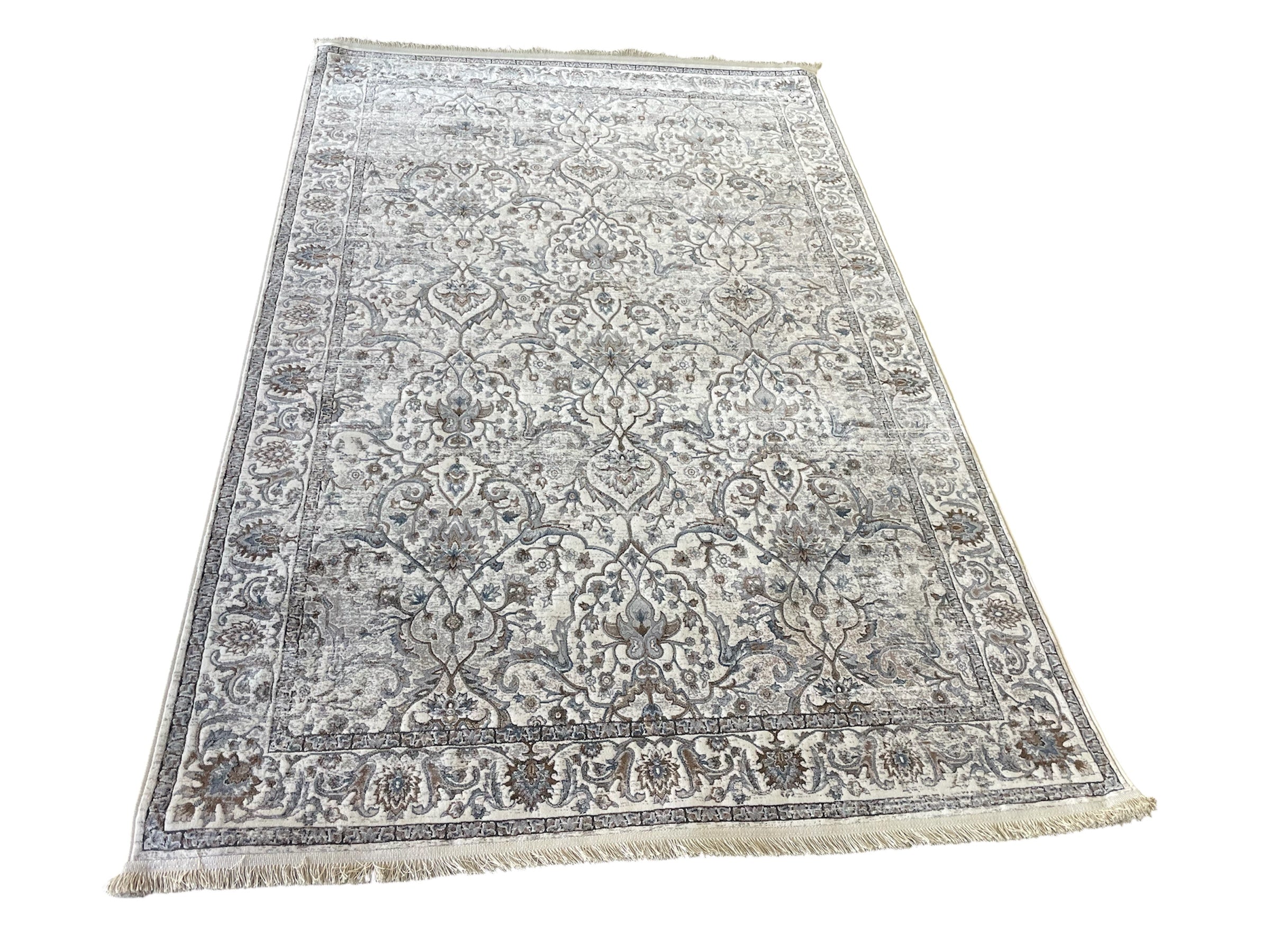 Luxury Vintage Style Distressed Rug – Ivory, Grey & Taupe Traditional Floral Design