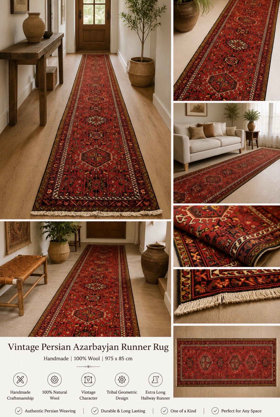Vintage Persian Azarbayjan Runner Rug – Handmade Red Tribal Hallway Carpet 975x85 cm