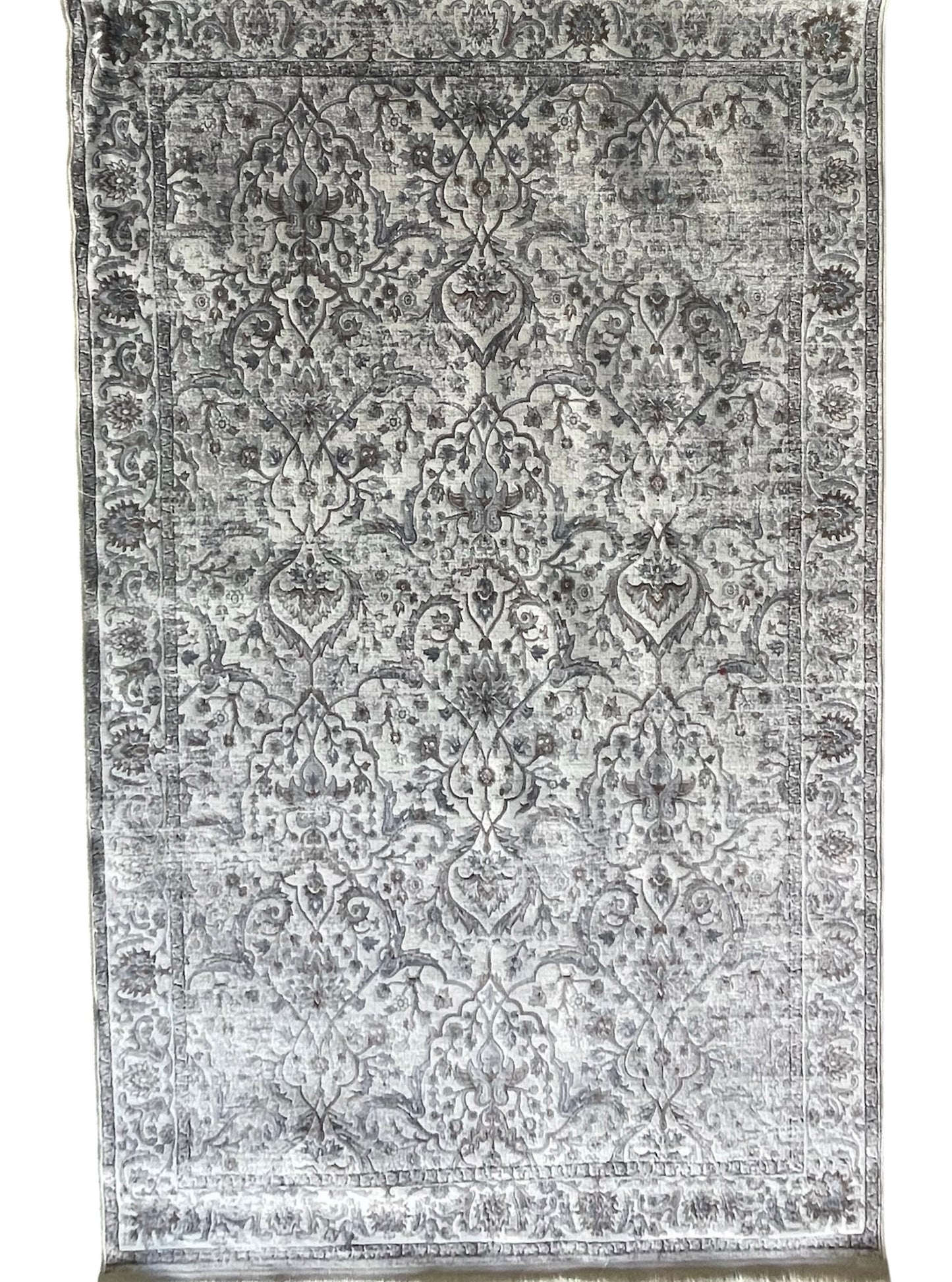 Luxury Vintage Style Distressed Rug – Ivory, Grey & Taupe Traditional Floral Design