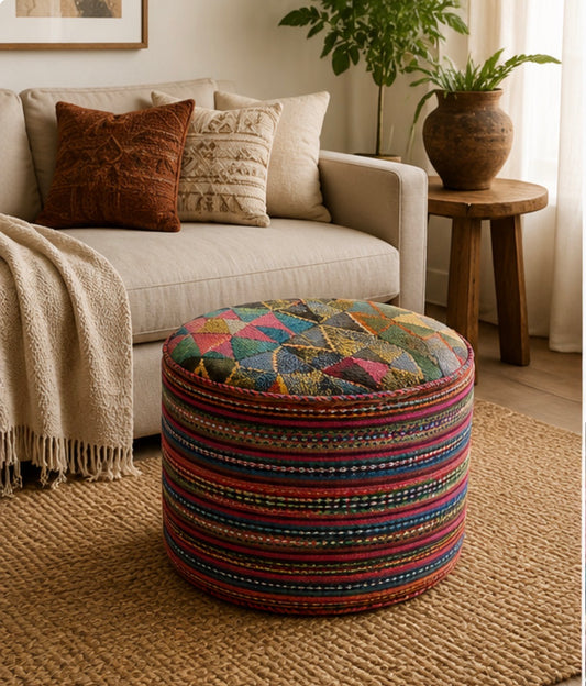 Handmade Kilim Ottoman Pouf – Vintage Tribal Floor Cushion – Persian Style Upholstered Footstool – Boho Ottoman Decor – Colorful Pouf