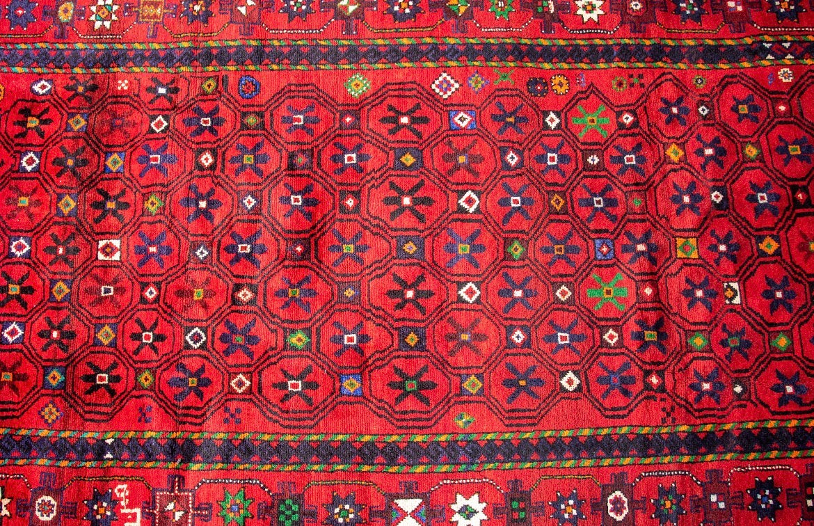 Hand-Knotted Tribal Wool Rug – Geometric Red Vintage Area Rug 300 x 160 cm