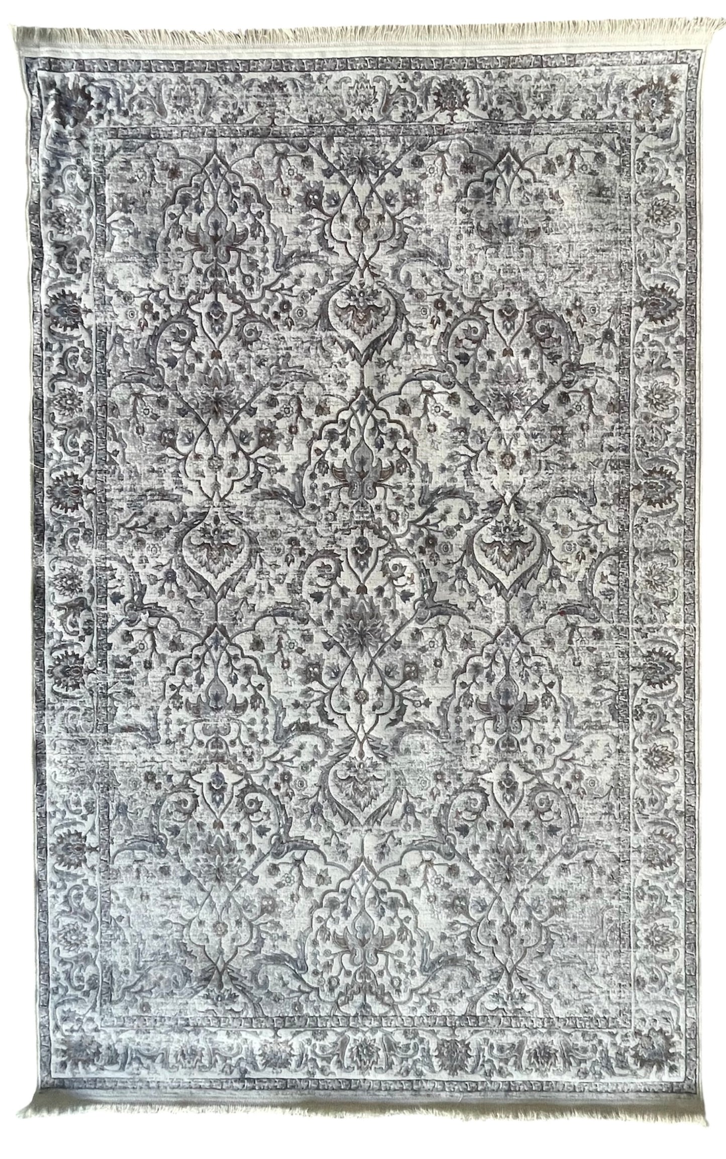 Luxury Vintage Style Distressed Rug – Ivory, Grey & Taupe Traditional Floral Design