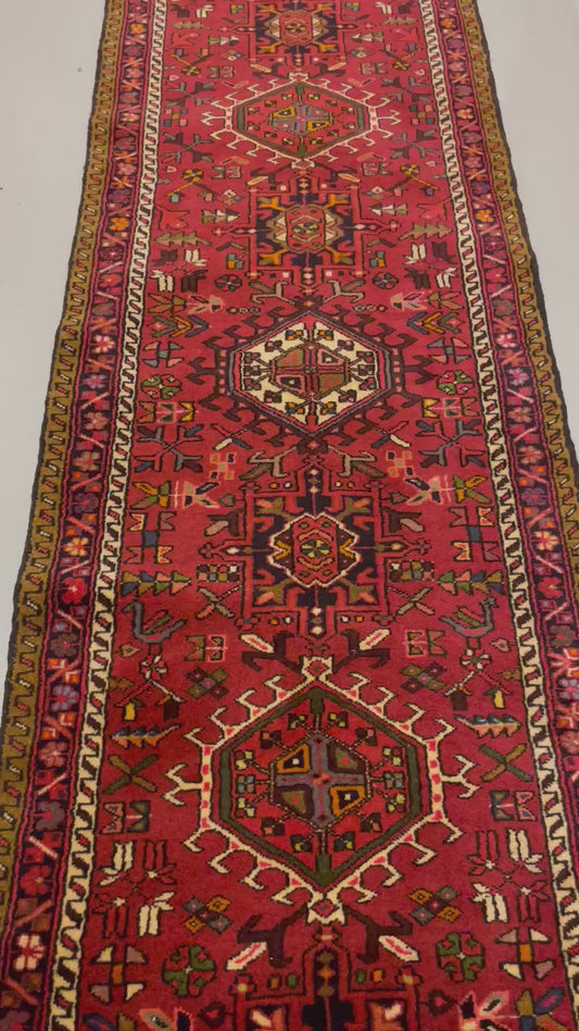 Vintage Persian Azarbayjan Runner Rug – Handmade Red Tribal Hallway Carpet 975x85 cm